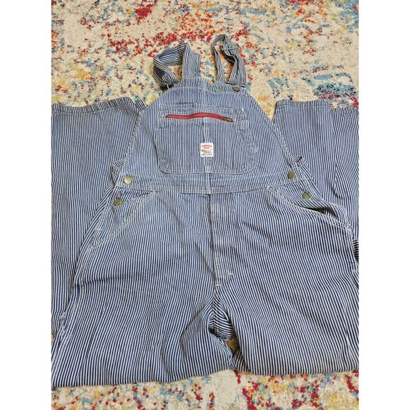 Vintage 70's Pointer Brand Overalls 38x34 Blue White Hickory Stripe Railroad - Picture 1 of 13
